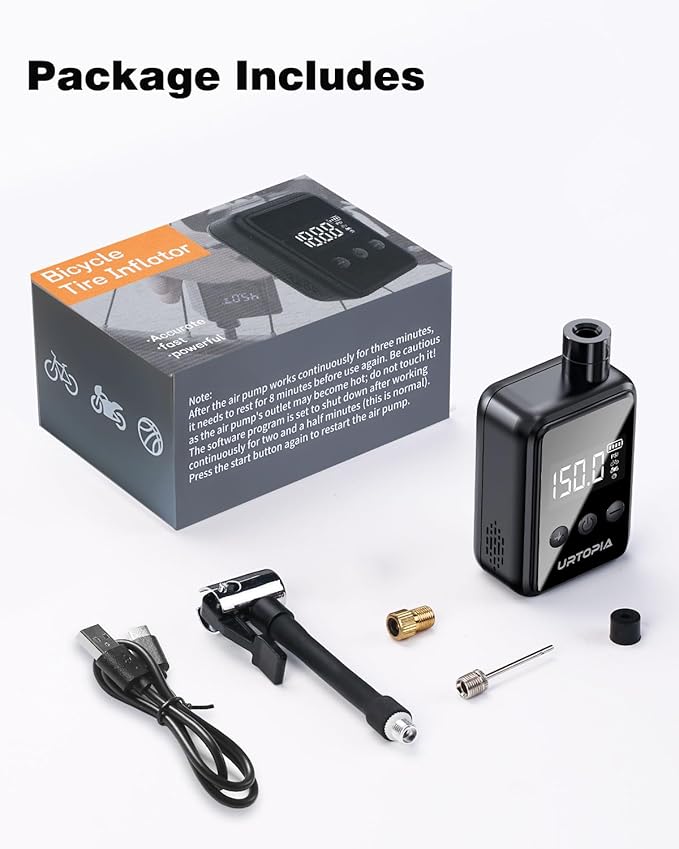URTOPIA Mini Bike Tire Pump, Fast Inflate Bicycle Pump with Gauge, Rechargeable 150PSI Portable Electric Bike Air Pump with Presta and Schrader Valve for Road Bike, Ebike, Motorcycle, Ball
