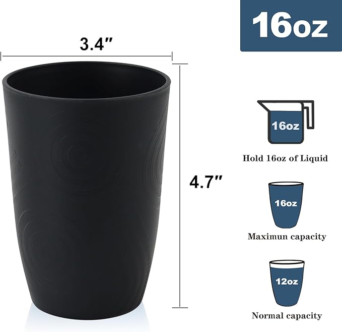 Wheat Straw Cups 6 PCS Plastic Cups Reusable Unbreakable Drinking Cup Dishwasher Safe Water Glasses with Unique Pattern(16 OZ,Black Grey)