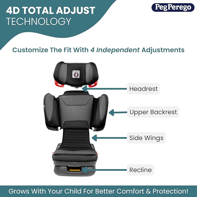 Peg Perego Viaggio Flex 120 Booster, 4D Total Adjust for Safety & Comfort, No Armrests, Compact Fold for Travel, 40-120 lbs, Made in Italy, Metal (Sage Green)