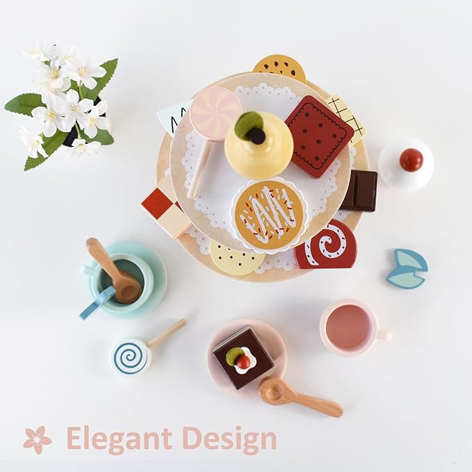 PairPear Tea Party Set Dessert Stand Playset -Wooden Toys Pretend Play Food Kitchen Accessories for Toddler Tea Set Birthday Gift