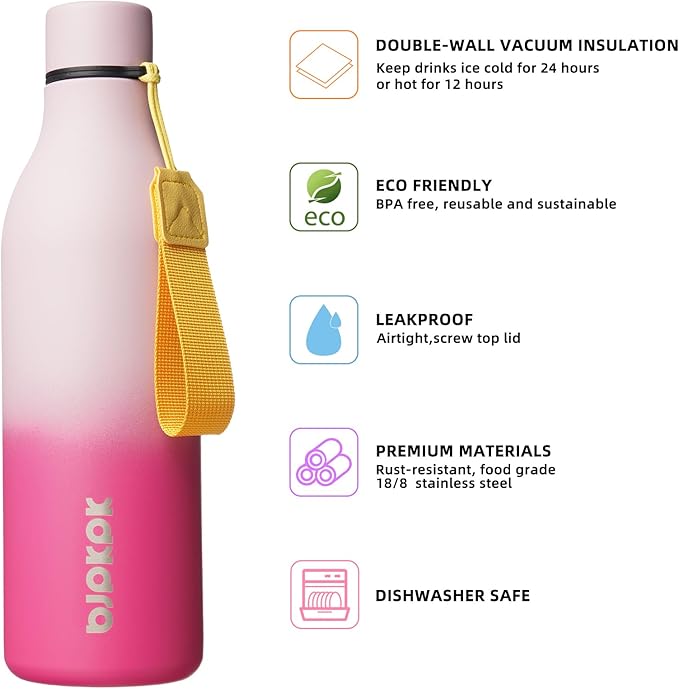 BJPKPK Insulated Water Bottles, 25 oz Stainless Steel Metal Water Bottle with Strap, BPA Free Leak Proof Thermos, Mugs, Flasks, Reusable Water Bottle for Sports & Travel, Cherry