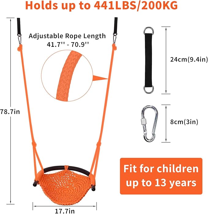 Hi-Na Kids Swing for Swing Set, Heavy Duty Rope Swings with Snap Hooks and Straps, 440LBS Capacity, Toddler Swing Seat for Indoor Porch, Outdoor Playground, Tree, Orange