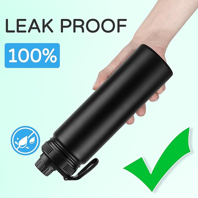 DOMICARE Insulated Water Bottle, 22 oz Vacuum Insulated Stainless Steel Reusable Sports Bottle with Straw Lid & Spout Lid for Travel, Camping, Bike, Leakproof, Black, 8 Pack