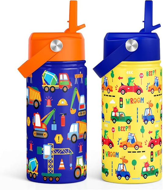 Kid Water Bottle 12oz with Straw Lid - 2-Pack Insulated Stainless Steel Water Bottles for Kids Boys Girls - Travel Cup for School Sports, Construction & Transportation