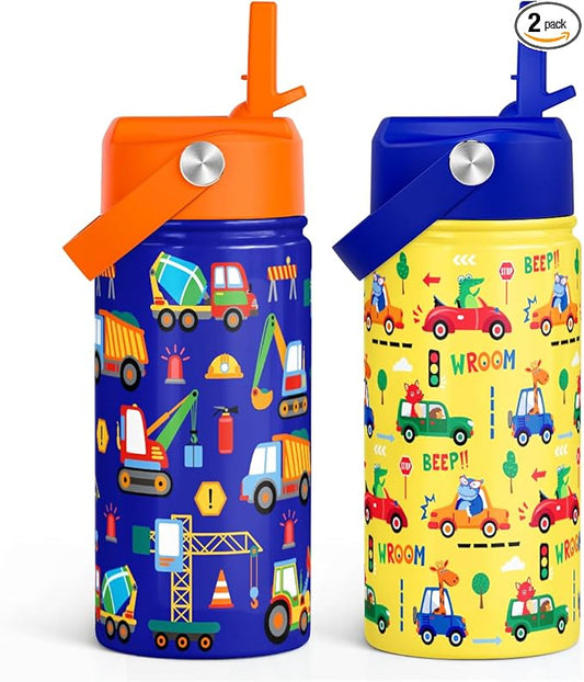 SANDJEST Kid Water Bottle 12oz with Straw Lid - 2-Pack Insulated Stainless Steel Water Bottles for Kids Boys Girls - Travel Cup for School Sports, Construction & Transportation