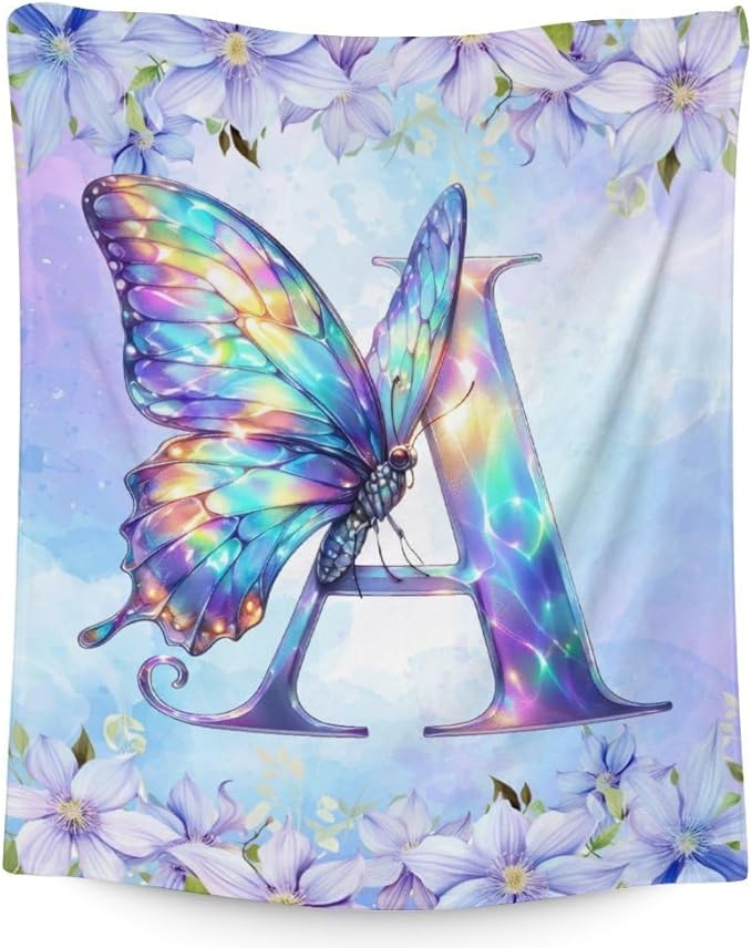 Monogram Blankets for Adults, Initial Letter Blanket for Girls, 80 x 60 Inches Butterfly Throw, Gift for Butterfly Lovers, Cozy Warm Flannel Throw for Bed, Sofa Living Room