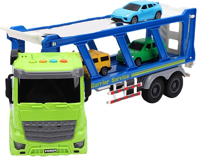 Alomejor Truck Toy, Double Deck Transport Truck with 4 Race Cars Music Light Friction Powered for Kids Boys Toddlers Vehicle Play Set