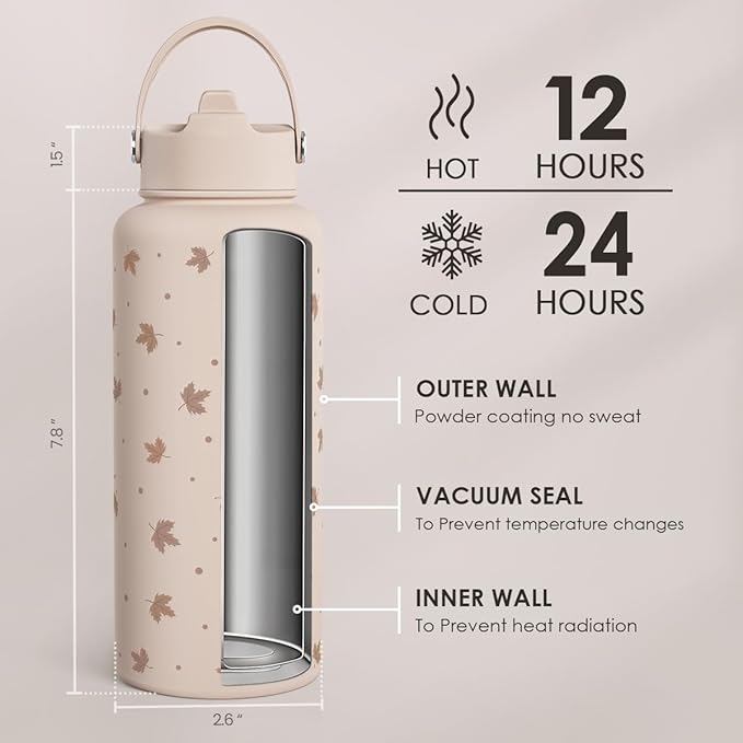 Maple Leaf Water Bottle 32oz Stainless Steel with Lid & Straw, Fall Insulated Bottles Gift for Women Girls, Autumn Gifts