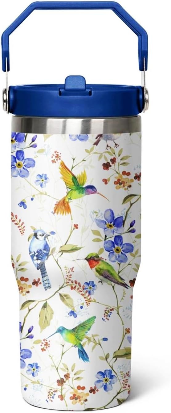 30 oz Hummingbird Flip Tumbler with Handle Lid and Straw,Hummingbird Stainless Steel Coffee Tumbler Mug Cup Watter Botter,Bird Gifts for Bird Lovers Women, Hummingbird Stuff/Accessories