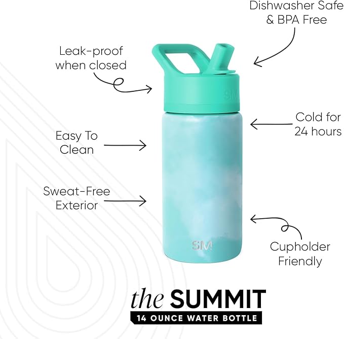 Simple Modern Kids Summit Water Bottle with Straw Lid | 14oz Stainless Steel Cup Insulated Tumbler Tumbler for Girls, Boys, School | Ocean Tide