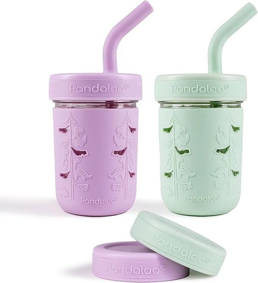 Pandaloo® Mason Jar Toddler Cup - 8 oz Spill-Proof Glass Tumbler with Silicone Straw and Lid, Non-Slip Sleeve, BPA-Free Toddler Snack Cups - Perfect Smoothie Cups with Lids and Straws for Kids