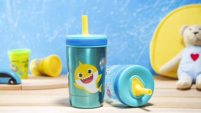 Zak Designs Baby Shark Kelso Tumbler Set, Leak-Proof Screw-On Lid with Straw, Bundle for Kids Includes Plastic and Stainless Steel Cups with Bonus Sipper (3pc Set, Non-BPA)