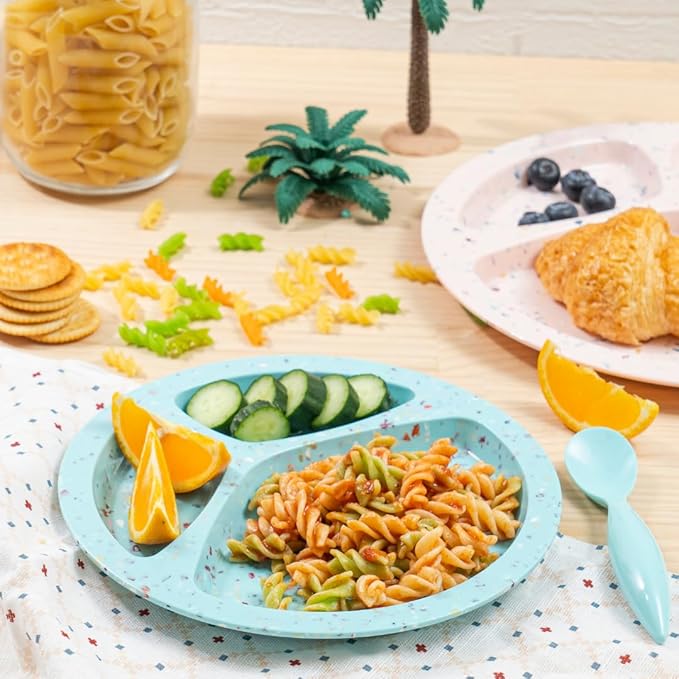 bzyoo 9-Inch Melamine Divided Plates – 3-Section Portion Control Plates, Food Safe & Durable, Lightweight & Unbreakable, Reusable Tableware for Kids, Big Kids & Everyday Meals, Confetti Green