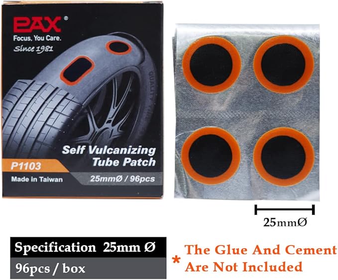 PAX 96 Pcs 25mmØ Bike Inner Tire Tube Patches, Puncture Flat Tire Repair Patch for Bicycle, Motorcycle, Scooter, BMX, ATVs, River Floating, Inflatable Rubber, Trolley, Wheelchairs, Lawn Mower