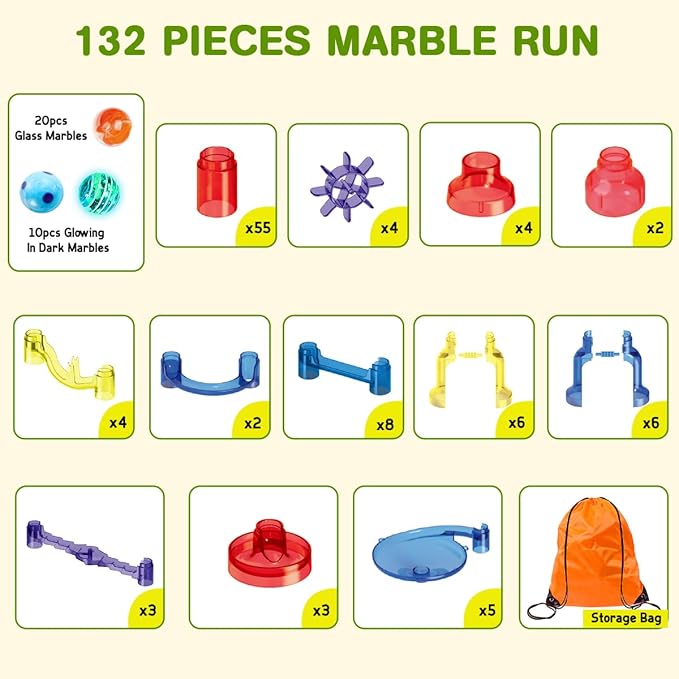Meland Marble Run - 132Pcs Marble Maze Game Building Toy for Kid, Marble Track Race Set & STEM Learning Toys for Boy Girl Age 3 4 5 6 7 8 9+ (102 Translucent Marbulous Pcs & 30 Glass Marbles)