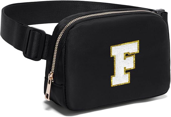 Gitus Birthday Gifts for 8 9 10 11 12 13 Year Old Girls Personalized Fanny Pack Crossbody Bags with Initial Letter Patch Belt Bag for Teen Girls Cute Trendy Stuff Travel Essentials (Black-F)
