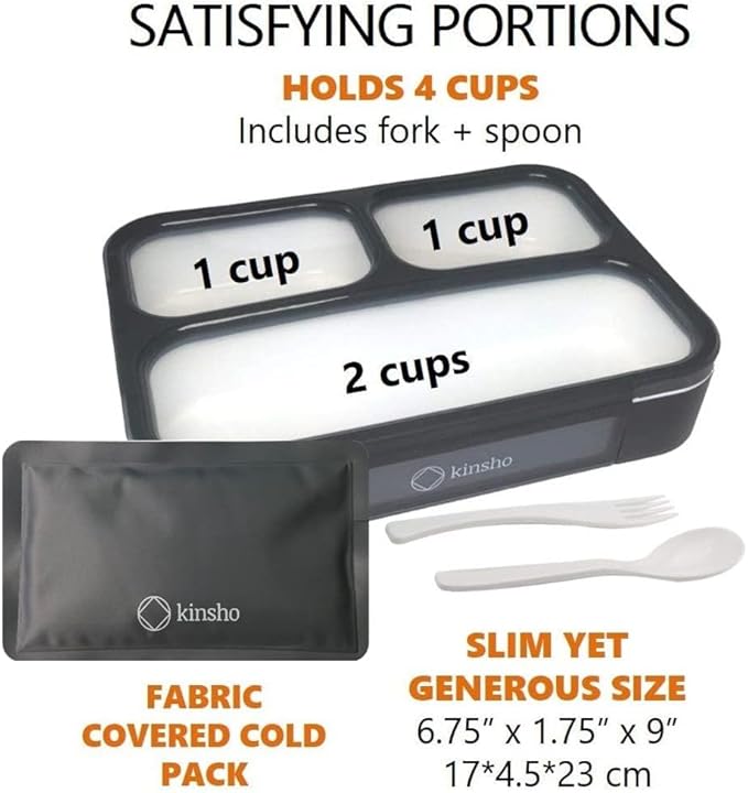 kinsho Bento Box with Insulated Lunch Bag and Ice Pack. Lunch Container with 3 Divided Leak-Resistant Compartments Perfect for Work or School, Adults Boys Kids, Black with Camo Bag