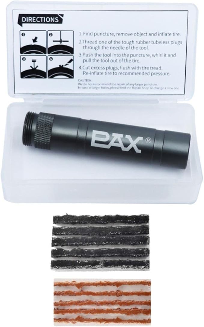 PAX 12 Pcs Tubeless Bike Tire Repair Kit, Includes Storage Canister, Plugger Tool, Plugs-5 Bacon, and 5 Black Strips. Fix a Puncture or Flat, Fast for MTB、Gravel Bike Tires and Road Bicycle Tires