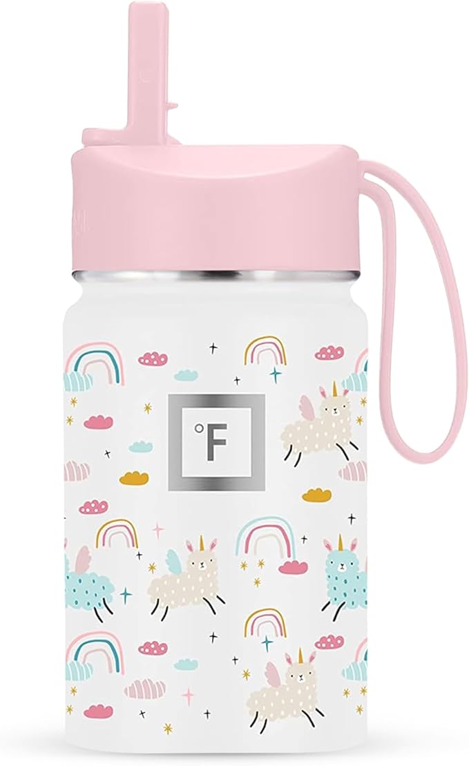 IRON °FLASK Kids Water Bottle - Straw Lid, 20 Name Stickers, Vacuum Insulated Stainless Steel, Double Walled Tumbler Travel Cup, Mug - Lama Rainbows, 10 Oz