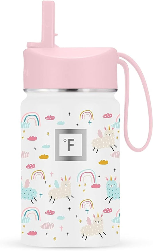 IRON °FLASK Kids Water Bottle - Straw Lid, 20 Name Stickers, Vacuum Insulated Stainless Steel, Double Walled Tumbler Travel Cup, Mug - Lama Rainbows, 10 Oz