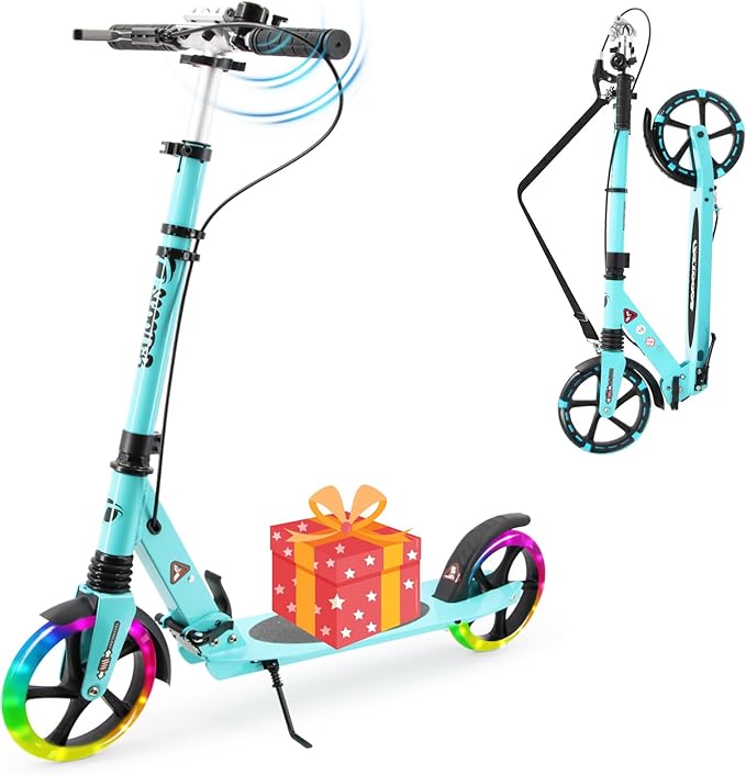 Scooter for Kids Ages 8+ Teens & Adults, Lightweight Kick Scooter with Carry Strap Adjustable Height Equipped with Front handbrake and Rear Brake, Big Sturdy PU Flash Wheels