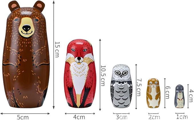 Cute Animal Nesting Dolls - Brown Bear Fox Owl Rabbit Raccoon Matryoshka Doll Handmade Wooden Dolls for Children Christmas Birthday Decoration Halloween Wishing Gift,Set of 5