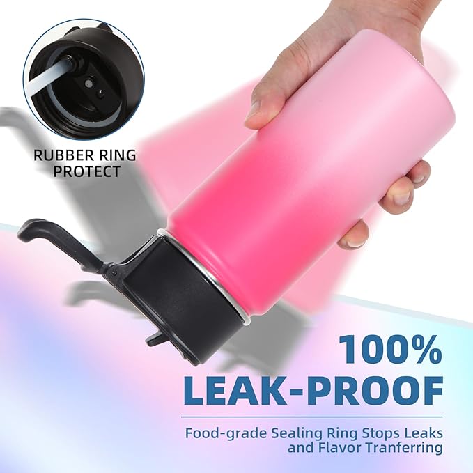 Volhoply 16 OZ Kids Water Bottle Bulk 2 Pack,Insulated Sports Bottles with Straw Lid,Stainless Steel Bottle with Handle Keep Cold&Hot,Double Wall Vacuum Tumbler Cups for School(Assorted, 2)