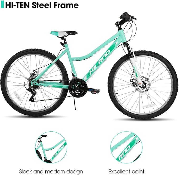 Hiland 26 Inch Womens Mountain Bike, with Step-Through Frame, 18 Speeds, Suspension Fork MTB, Bicycle for Women Men Adult