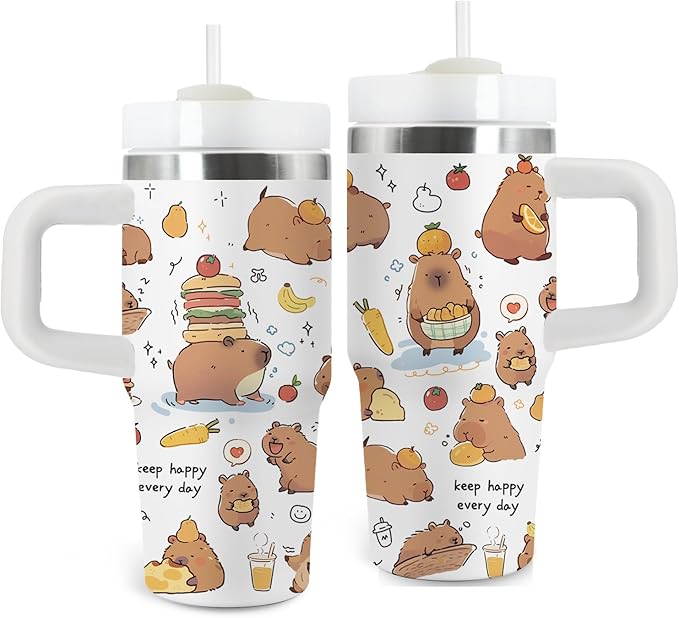 Capybara Gift for Women, 14oz Capybara Tumbler with Handle, Lid & Straw - Vacuum Insulated Stainless Steel Travel Mug - Hot/Cold Car Cup for Commuting, Office - Kawaii Water Bottle Gifts for Adults