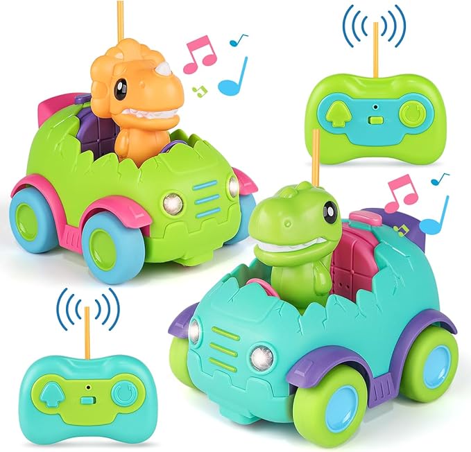 Nueplay Remote Control Car for Toddler Age 2 3 4 5, Electric RC Toys with Light & Music, Toddler Dinosaur Toys, Dino Figures Truck Race Vehicles, Birthday Gift for Boys & Girls, 2 Pack Playset