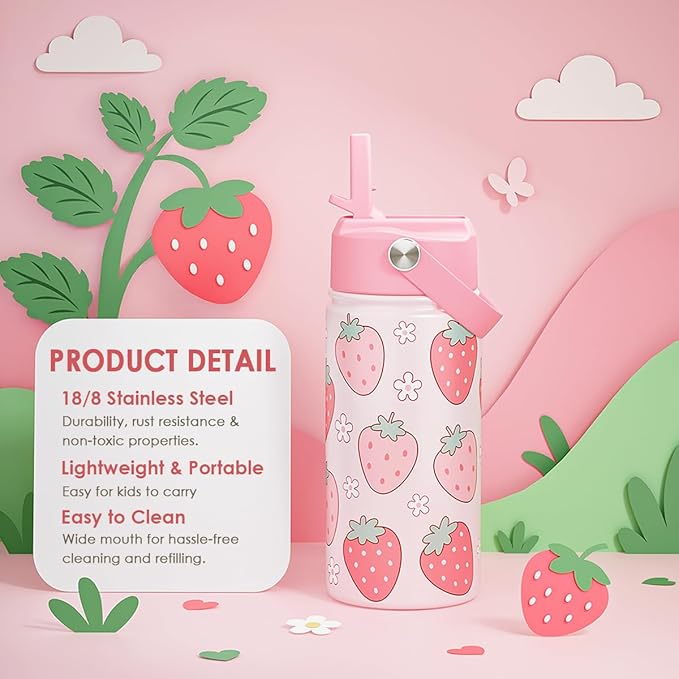 Strawberry Kids Water Bottle with Straw Lid 12oz Insulated Stainless Steel, Travel Tumbler, Gifts for Girls, Birthday, Christmas, Back to School