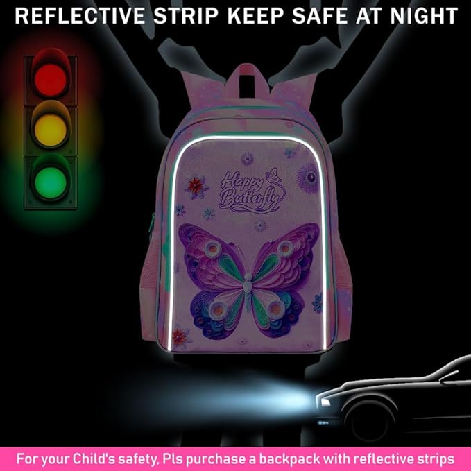 CCJPX 3Pcs Butterfly Backpack, 16” Kids Girls Bookbag with Lunch Box, Water Resistant Elementary School Bag for Kindergarten Preschool Toddler (Pink)