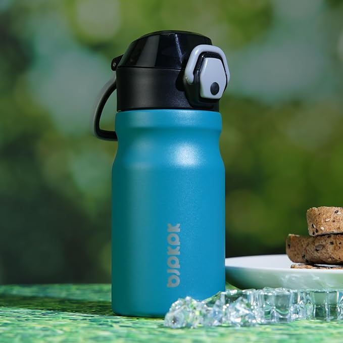 BJPKPK Insulated Water Bottle 14oz Stainless Steel Water Bottles With Straw And Carry Handle Double Wall Metal Thermo,Dark Grey