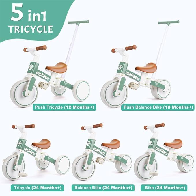 XIAPIA Tricycle for Toddlers 1-3 Year Olds, 5 in 1 Toddler Balance Bike with Removable Pedal, Push Trike Toys with Adjustable Pushrod for 2 3 4 5 Year Old Boys & Girls, Birthday Gifts for Kids