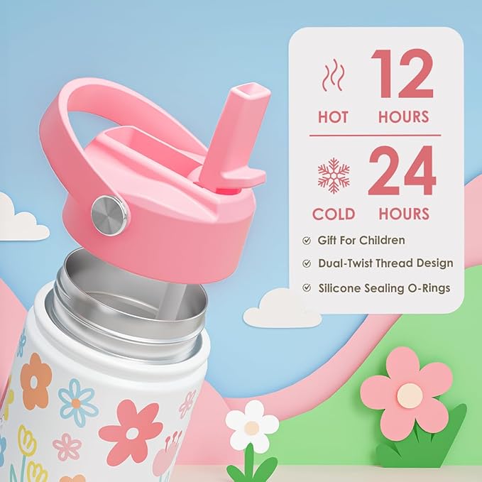 Kids Water Bottle Stainless Steel with Straw Lid, Floral Water Bottle 12oz, Travel Tumbler, Gifts for Girls, Birthday, Christmas, Back To School