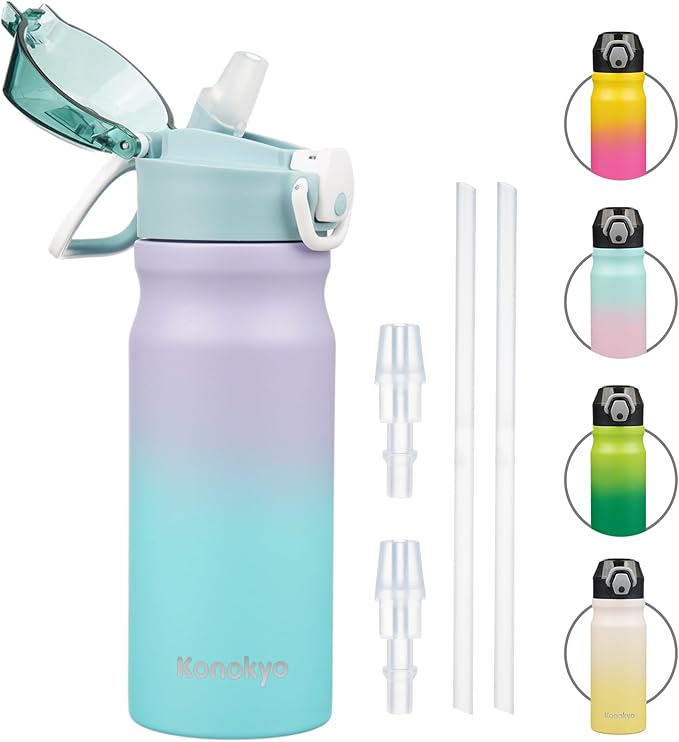 Insulated Water Bottle with Straw and Carry Loop,18 oz Stainless Steel Double Wall Vaccum Metal Water Flask with Leak-proof Lid,Lavender Green