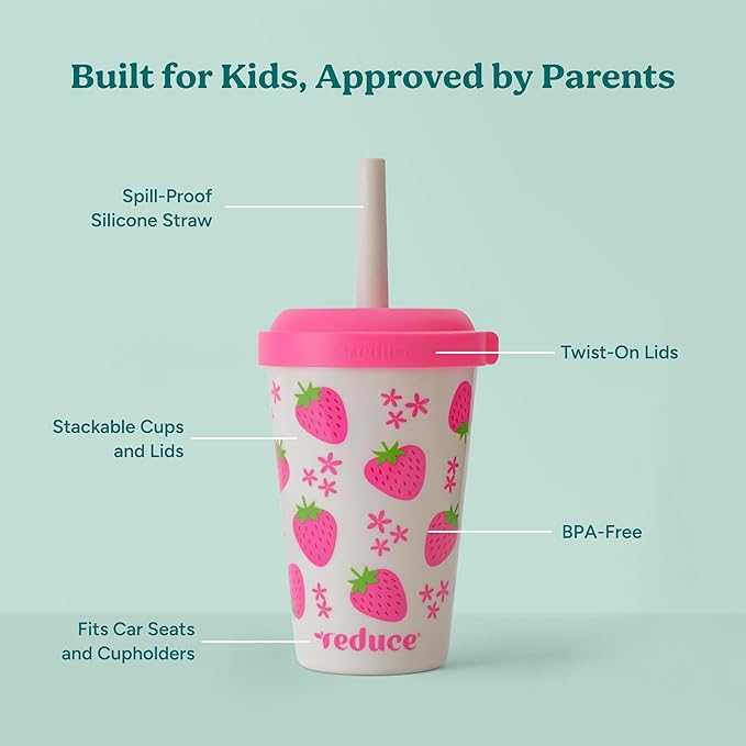 REDUCE GoGo's Kids Portable Tumbler Cups with Lids and Spill-Proof Straws - 5 Pack of Stackable 12 oz Tumblers with Twist-On Lids - Easy Storage, Dishwasher Safe - Fruity Cutie