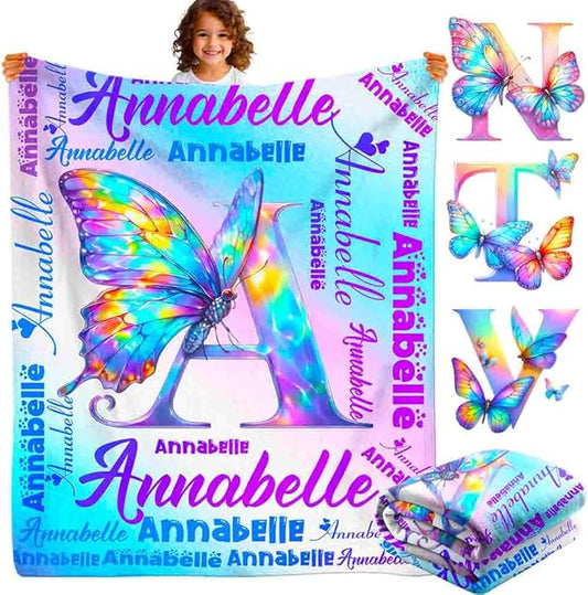 Custom Girl Blanket with Name Personalized Butterfly Blanket Customized Soft Throw Blanket for Newborn Toddler Teens Baby Shower Birthday