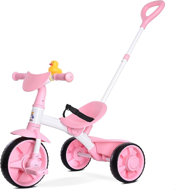 KRIDDO 2 in 1 Kids Tricycles Age 18 Month to 3 Years, EVA Wheels, Gift Toddler Tricycle, Trikes for Toddlers 2 to 3 Year Old with Push Handle, Duck Bell, Pink