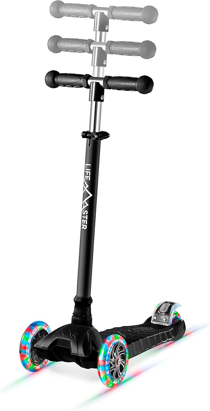 Lifemaster Mini 3-Wheel Kids Scooter with Multi-Color Wheel Lights – 4-Height Adjustable Handlebar, Wide Anti-Slip Deck, Child Safety Certified, Boys & Girls Ages 2+ Supports Up to 110 lbs