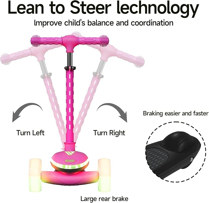 Winhope Kids Kick Scooter, 3 Wheel Scooter for Boy and Girl, LED Lighted Wheels and Widen Deck, Outdoor Ride-On Toys for Kids Aged 3-8