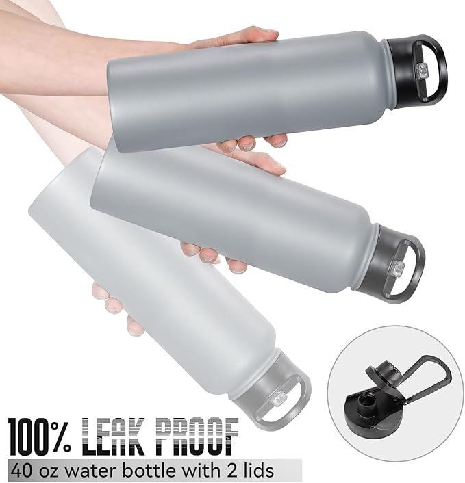 40 oz Insulated Water Bottle with Straw, Stainless Steel Sports Water Bottles with 2 Lids (Straw and Wide Mouth lid), Double Wall Vacuum, Leakproof, BPA-Free, Gray