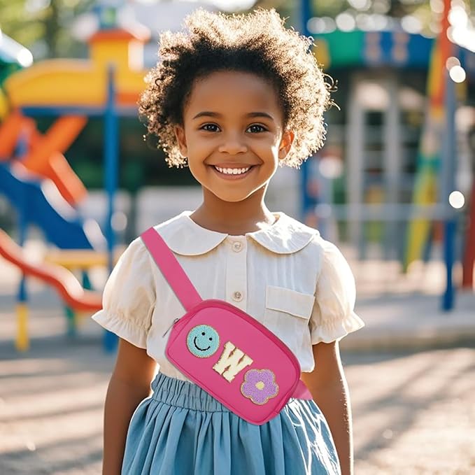 Fanny Pack for Girls Pink Kid Crossbody Bag Chenille W Letter Preppy Belt Bag, Christmas Birthday Easter Gifts for Teen Daughter Sister, Personalized Nylon Purse for 4 5 6 7 8 9 10 Year Old Girls