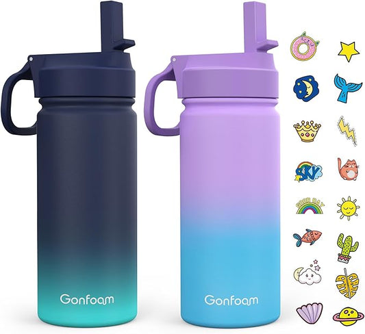 Kids Water Bottle, 2-Pack 16oz Water Bottles with Stickers and Straw, Stainless Steel Vacuum Insulated cup, Kids Water Bottle for School, Gifts for Boys and Girls(Blue/Purple)