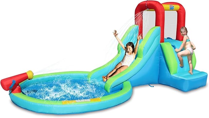 Action Air Inflatable Waterslide, Bounce House with Slide for Wet and Dry, Kids Backyard Waterpark for Summer Fun, Water Gun & Splash Pool for Age 3-8, Love for Kids