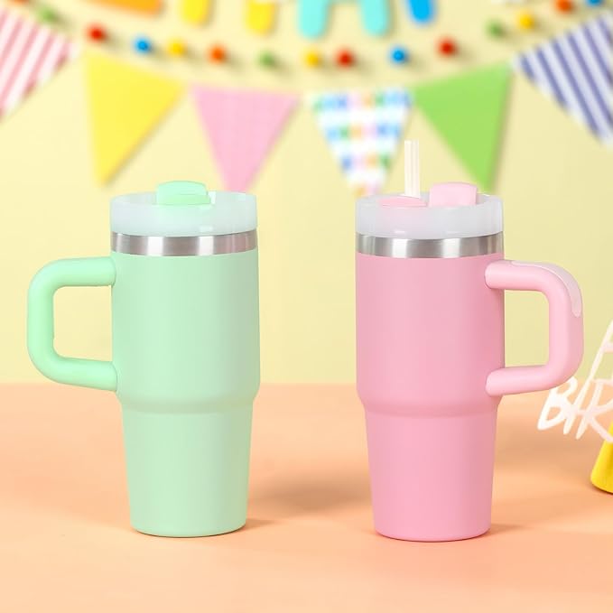 Cosictic 14 Oz Tumbler with Handle and Straw for Kids, Stainless Steel Double Wall Vacuum Insulated Cup for Children, 14 Oz Cups for Kids (Green)