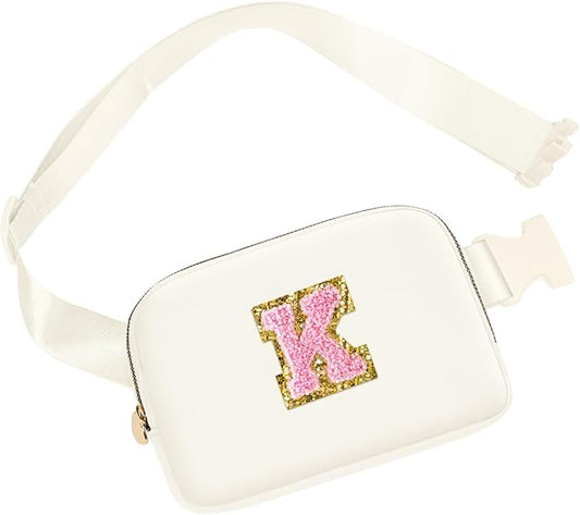 Birthday Gifts for 6 7 8 9 10 11 12 13 Year Old Girls, Fanny Pack Belt Bag Crossbody Bags for Women Girls Kids, Small Initial Letter Waist Packs Cute Teen Trendy Stuff Travel Essentials (Beige, K)