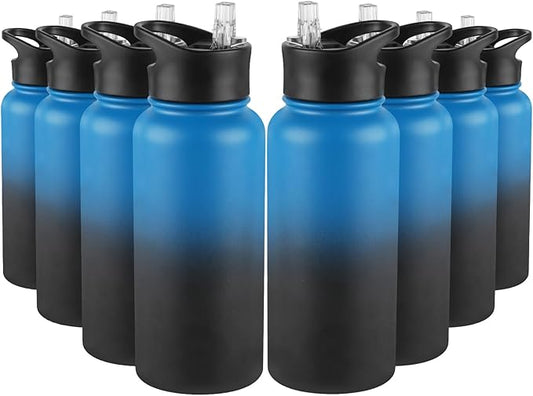 32 Oz Insulated Water Bottle Bulk 8 Pack, Stainless Steel Sports Water Bottles with Straw Lid & Wide Mouth Lids, Double Walled Vacuum, Leak Proof, Blue Black Gradient