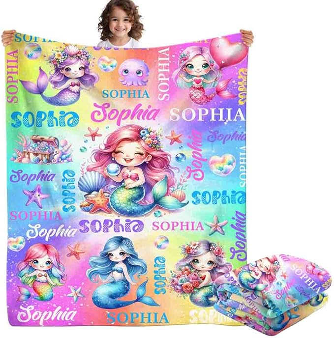 Custom Girl Blanket with Name Personalized Cute Mermaid Blanket for Newborn Customized Soft Flannel Throw Blanket Memorial Gift for Toddler on Birthday Baby Shower Christmas
