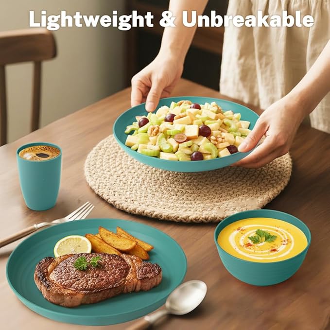 Wheat Straw Dinnerware Sets 32-Piece, Service for 8, Unbreakable Kitchen Dishes Set, Plastic Plates and Bowls Set with Cups, Microwave and Dishwasher Safe Dishware Set for Party- Green